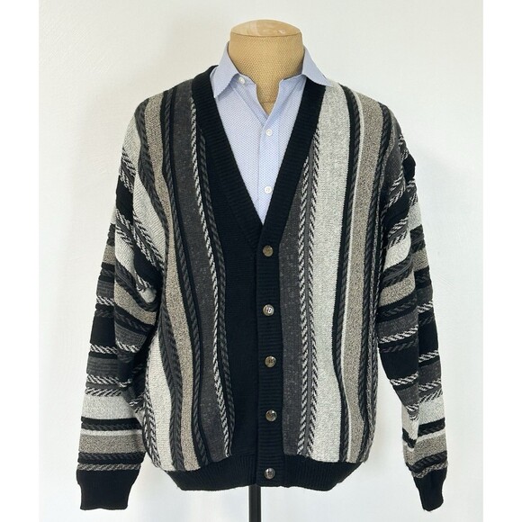 Other - Vintage Irvine Park Cardigan Sweater 3D Textured Stripe Black Gray Large Mens